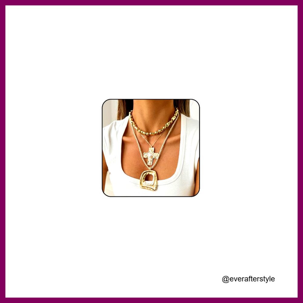 Chunky Statement Necklace Stack With Cross Pendan… - image 1